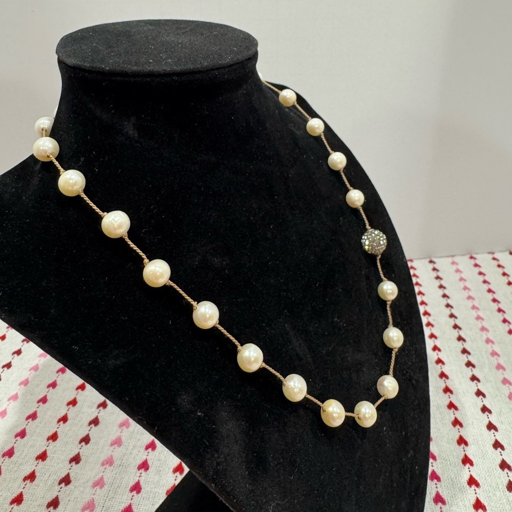 Pearl Necklace rope tied with rhinestone bead